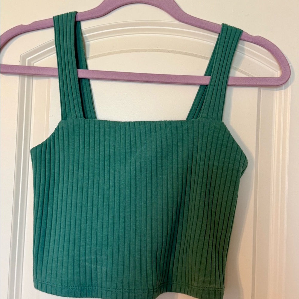 American Eagle Ribbed Crop Tank Top Square Neck Teal